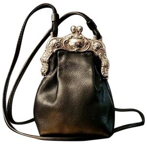 BRIGHTON One World Black Leather Silver Kisslock Crossbody Pouch Handbag